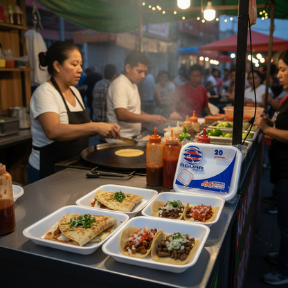Charolas cuadradas Jaguar en puesto de tacos