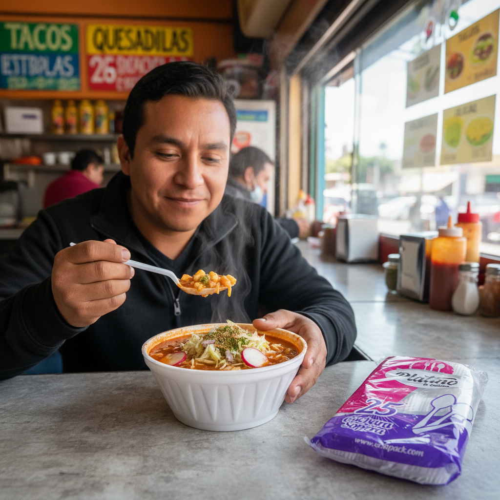 Cuchara sopera Platino con comida mexicana